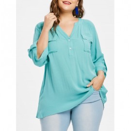 Plus Size Roll Tab Sleeve Blouse (MEDIUM TURQUOISE)