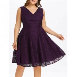 Plus Size Lace V Neck Party Dress (PURPLE)
