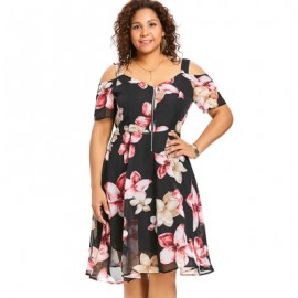 Plus Size Cold Shoulder Floral Dress (BLACK)