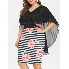 Plus Size Floral Striped Tight Dress (BLACK)