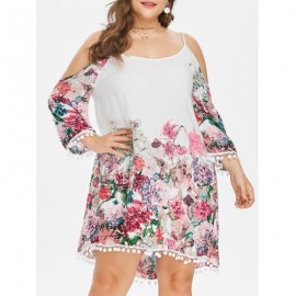 Plus Size Casual Cold Shoulder Print Dress (WHITE)