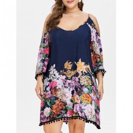 Plus Size Casual Cold Shoulder Print Dress (DARK SLATE BLUE)