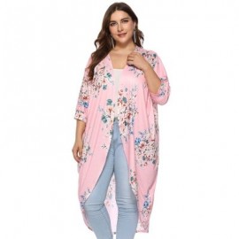Collarless 3/4 Sleeve Floral Print Plus Size Kimono Women Open Front Blouse (PINK)