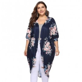 Collarless 3/4 Sleeve Floral Print Plus Size Kimono Women Open Front Blouse (CADETBLUE)