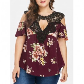 Plus Size Floral Flare Sleeve Blouse (RED WINE)