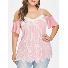 Plus Size Color Blocking Lace Eyelash Top (LIGHT PINK)