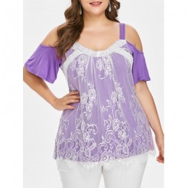 Plus Size Color Blocking Lace Eyelash Top (PURPLE)
