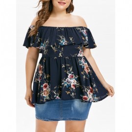 Plus Size Print Off Shoulder Flare Blouse (DEEP BLUE)