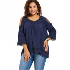 Plus Size Open Shoulder Crochet Trim Blouse (CADETBLUE)