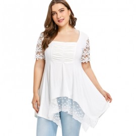 Plus Size Square Neck Lace Trim Handkerchief Hem T-shirt (WHITE)