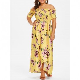 PLUS SIZE FLORAL PRINT EMPIRE WAIST DRESS (YELLOW)