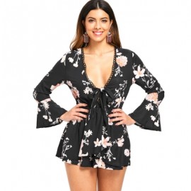 Floral Print Flare Sleeve Romper (BLACK)