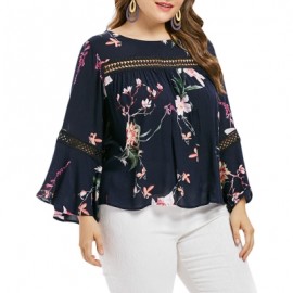 Plus Size Lace Insert Floral Blouse  (CADETBLUE)