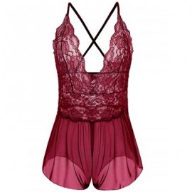 Plus Size Plunging Neck See Through Babydoll (WINE RED)