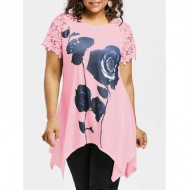 Plus Size Flower Pattern Lace Sleeve T-shirt (LIGHT PINK)