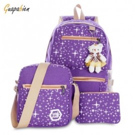 Guapabien 3pcs Canvas Printing Women Shoulder School Bag Cute Bear Backpack Wristlet (PURP