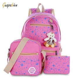 Guapabien 3pcs Canvas Printing Women Shoulder School Bag Cute Bear Backpack Wristlet (ROSE