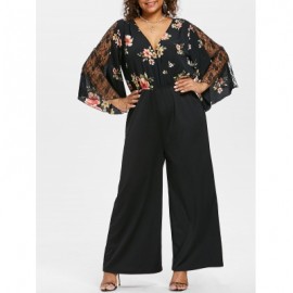 Plus Size Floral Surplice Jumpsuit (BLACK)