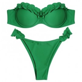 Sexy Strapless Padded Underwire Ruffle Solid Color Low Waist Women Bikini Set (DEEP GREEN)