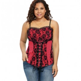 Plus Size Ruffle Trim Lace Up Floral Tank Top (RED)