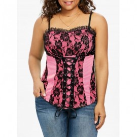 Plus Size Ruffle Trim Lace Up Floral Tank Top (LIGHT PINK)