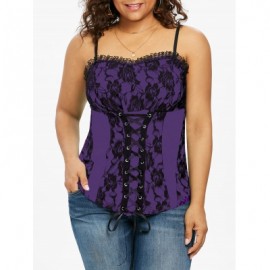 Plus Size Ruffle Trim Lace Up Floral Tank Top (PURPLE IRIS)