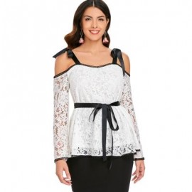 Self Tie Cold Shoulder Lace Blouse (WHITE)