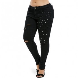 Plus Size Beading Ripped Embellished Skinny Jeans (BLACK)
