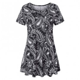 Trendy Round Collar Short Sleeve Ethnic Print Women T-shirt Dress (BLACK)