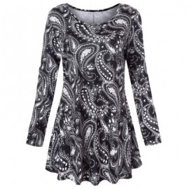 Trendy Round Collar Long Sleeve Ethnic Print Women T-shirt Dress (BLACK)