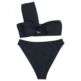 One Shoulder Padded Solid Color High Waist Women Bikini Set (BLACK)