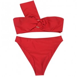 One Shoulder Padded Solid Color High Waist Women Bikini Set (FIRE ENGINE RED)