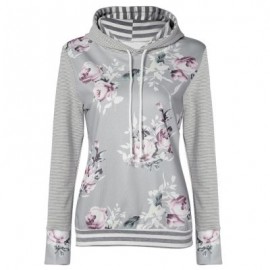 Hooded Long Sleeve Floral Print Stripe Women Hoodie (LIGHT GRAY)
