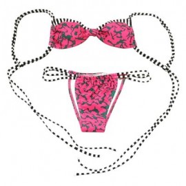 Spaghetti Strap Backless Padded Stripe Print Low Waist Women Bikini Set (ROSE RED)