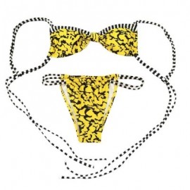 Spaghetti Strap Backless Padded Stripe Print Low Waist Women Bikini Set (YELLOW)