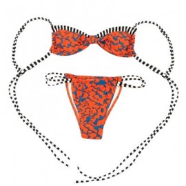 Spaghetti Strap Backless Padded Stripe Print Low Waist Women Bikini Set (TANGERINE)