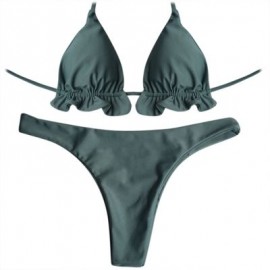 Halter Neck Backless Tied Strap Ruffle Solid Color Low Waist Women Bikini Set (MEDIUM SEA 