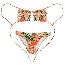 Women Sexy Floral Print Tied Strap Backless Two-piece Swimwear Bikini Set  (TANGERINE)