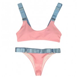 Shoulder Strap Padded Color Blocking Low Waist Women Bikini Set (PINK)