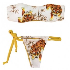 Women Sexy Strapless Animal Print Swimsuit with Tied Strap Bottom Bikini Set (WHITE)