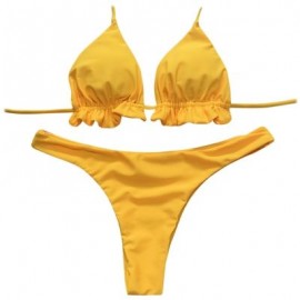 Halter Neck Backless Tied Strap Ruffle Solid Color Low Waist Women Bikini Set (YELLOW)