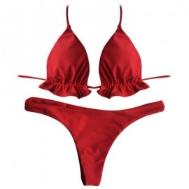 Halter Neck Backless Tied Strap Ruffle Solid Color Low Waist Women Bikini Set (FIRE ENGINE