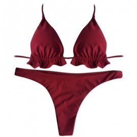 Halter Neck Backless Tied Strap Ruffle Solid Color Low Waist Women Bikini Set (RED WINE)