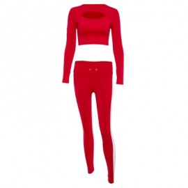 Trendy Crew Collar Long Sleeve Stripe Cut Out Women Two-piece Yoga Sports Suit (LAVA RED)