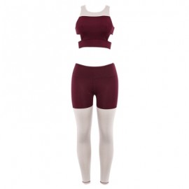Round Collar Sleeveless Color Blocking Cut Out Yoga Women Sports Suit (RED WINE)