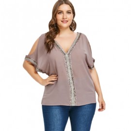 Plus Size Semi Sheer Sequin Embellished Blouse (LIGHT COFFEE)