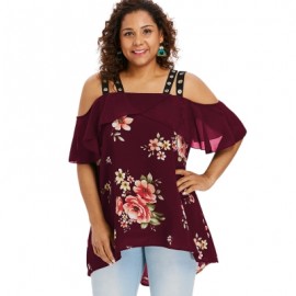 Plus Size Floral Cold Shoulder Ruffle High Low Blouse (RED WINE)