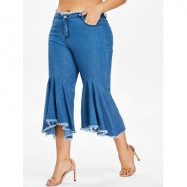 Plus Size Ruffle Frayed Hem Jeans (DENIM DARK BLUE)