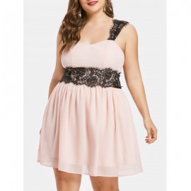 Plus Size Lace Trim Sleeveless Dress (PINK BUBBLEGUM)