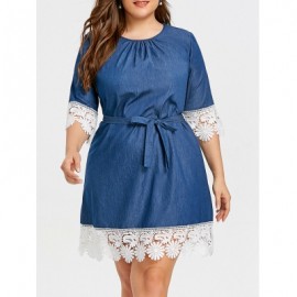 Plus Size Lace Trim Casual Dress (DENIM BLUE)